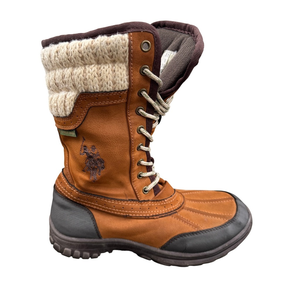 US Polo Assn Crisp Tan Brown Lace Up Duck Boots Women's Knit Cuff Winter Snow 7M